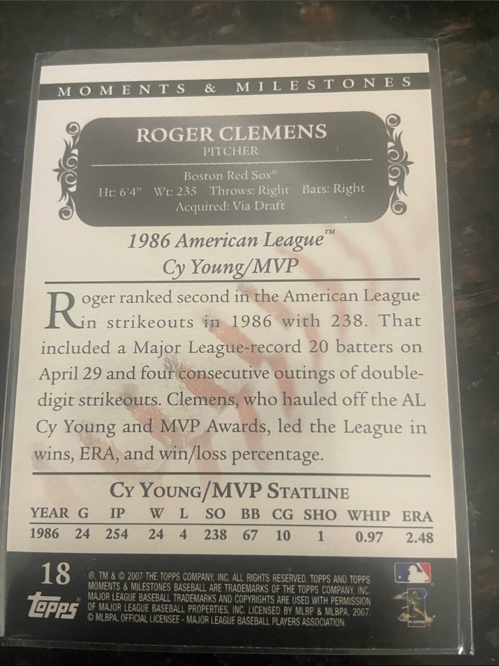 2007 Topps Moments Milestones Roger Clemens #25/29 #18 - Picture 2 of 2